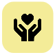 A yellow square with two hands holding a heart.